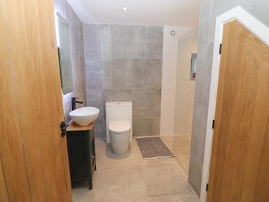 A bathroom with a toilet sink cabinet mirror and shower area at Beudy in Llangefni