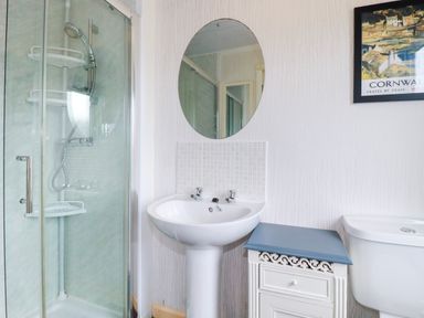 A bathroom with a shower, sink, and toilet at Chi Prenn Byhan in Tintagel