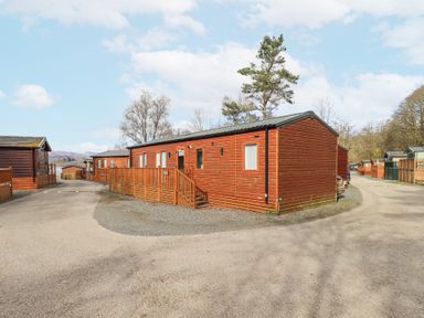 A row of wooden holiday lodges along a gravel road with trees in the background at Windermere View in Pony Meadow 37 White Cross Bay near Windermere