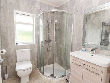 A bathroom with a toilet a shower enclosure a sink with cabinet and a mirror at Awel Y Berwyn in Llangynog