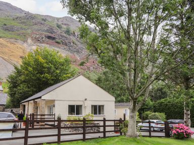 A single-story building with a fenced yard surrounded by trees and parked cars at Awel Y Berwyn in Llangynog