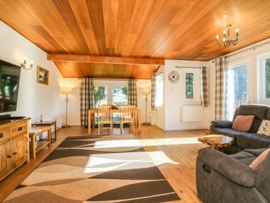 A living room with a wooden ceiling a dining table with chairs a television and a sofa at Stonewood Lodge in Woolsery