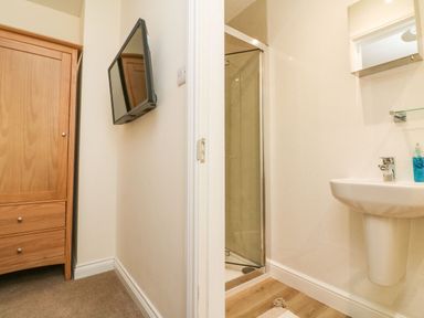 A corner of a room with a wooden wardrobe and a wall-mounted television next to a bathroom with a shower, sink, and mirror at Stonewood Lodge in Woolsery