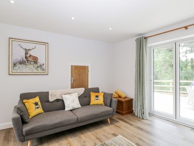 A living room with a gray sofa with cushions and a small wooden door on the wall at Stag Cottage in Lytchett Matravers