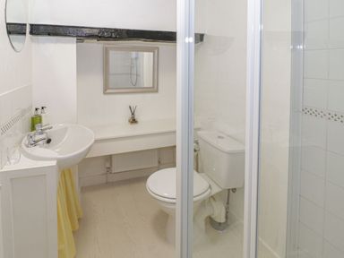 A bathroom with a sink, toilet, shower enclosure, mirror, and a shelf with items at Ty Coed in Beaumaris