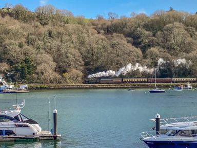 A train with smoke passing by a river with boats docked at 15 Dart Marina Dartmouth