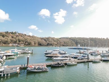 A marina with multiple boats docked and hills with trees in the background at 15 Dart Marina in Dartmouth