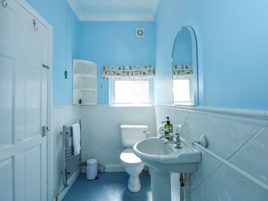 A bathroom with a toilet, sink, mirror, towel rail, and window at Apple Tree House in Hunstanton
