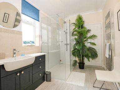 A bathroom with a sink and black cabinetry a glass shower enclosure a potted plant a chair and a towel rack at Apple Tree House in Hunstanton