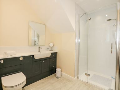 A bathroom with a toilet sink mirror and glass shower enclosure at Apple Tree House in Hunstanton