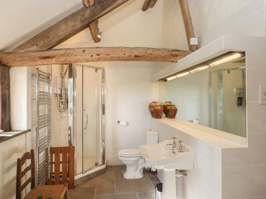 A bathroom with a shower, toilet, sink, wooden chair, and rustic wooden beams at The Byre in Monkleigh near Great Torrington