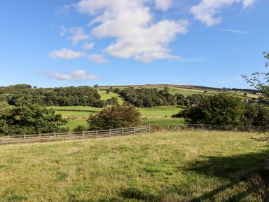A grassy field with trees and fences under a partly cloudy sky at Michaelmass Cottage in Castleton