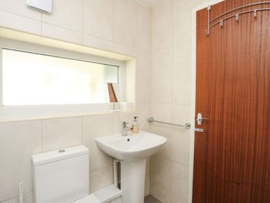 A bathroom with a toilet sink mirror and wooden door at 5 Ger Y Nant in Llanbedrog