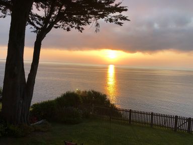 A sunset over a body of water with trees bushes and a wooden fence in the foreground at Rocklea Seaside Cottage in Newcastle County Down