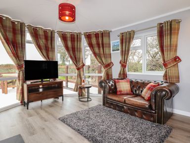 A living room with a leather sofa a television on a wooden stand and plaid curtains at Sycamore Lodge in Porkellis near Helston