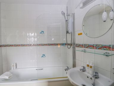 A bathroom with a bathtub shower combination a sink with two faucets a round mirror and wall tiles with dolphin and decorative patterns at Hollywood in Windermere