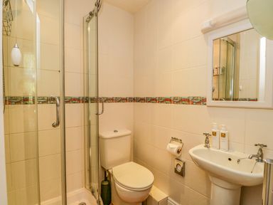 A bathroom with a toilet shower cubicle and sink with mirror at Hollywood in Windermere