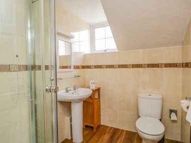 A bathroom with a shower, a pedestal sink, wooden cabinet, toilet, and a window at Hollywood in Windermere