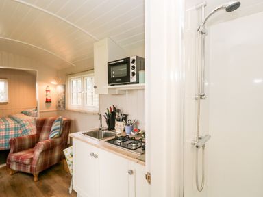 A kitchen area with a sink stove and microwave next to a shower and a living space with an armchair and bed at Seashore Shepherds Hut @ Moat Farm in Aldingham near Ulverston