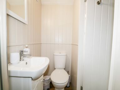 A small bathroom with a white toilet and sink at Seashore Shepherds Hut @ Moat Farm in Aldingham near Ulverston