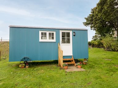 A blue corrugated metal shepherds hut with white door and window on grass with potted flowers at Seashore Shepherds Hut @ Moat Farm in Aldingham near Ulverston