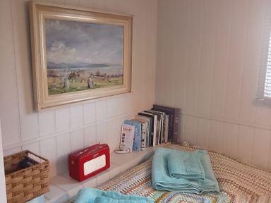 A bedroom with books and a radio at Seashore Shepherds Hut @ Moat Farm near Aldingham