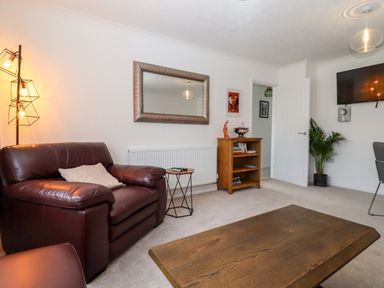 A living room with a leather armchair a wooden coffee table a floor lamp a wall mirror a wooden bookcase a potted plant and a wall-mounted television at 3 Granbrook Lane Mickleton Gloucestershire