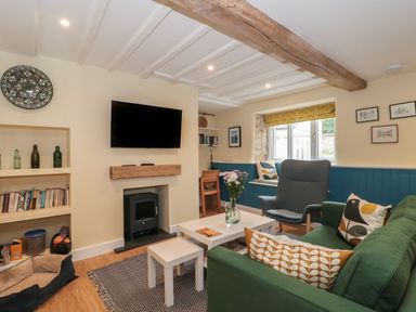 A living room with a green sofa a blue armchair a coffee table a wall-mounted television and a window with cushions at Holly Cottage in West Coker