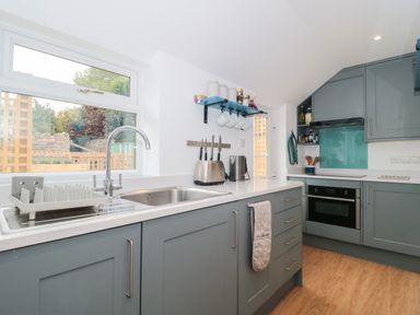 A kitchen with blue cabinets a sink knives a toaster a kettle and an oven at Holly Cottage in West Coker