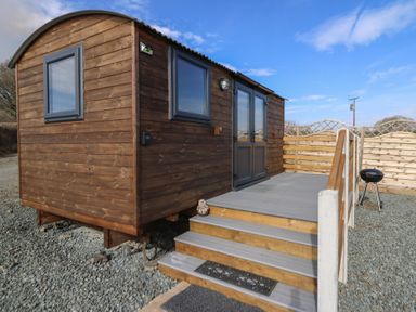 A small wooden cabin with steps leading to a deck and a barbecue grill outside at Claerwen in Nant-glas near Rhayader