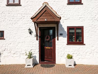 The front entrance of a white house with a brown door and two potted plants on either side at Chalk Cottage in Feltwell