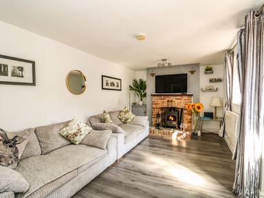 A living room with sofas cushions fireplace and a television at Chalk Cottage in Feltwell