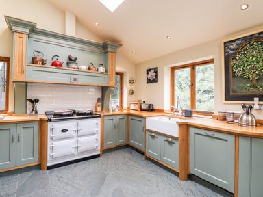 A kitchen with wooden countertops green cabinets a white stove a farmhouse sink and windows showing trees at Eagle Farmhouse in Glenridding