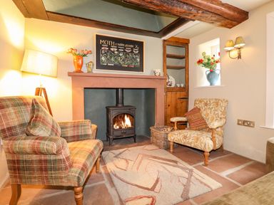 A sitting area with two armchairs a fireplace with a wood stove and a lamp at Eagle Farmhouse in Glenridding