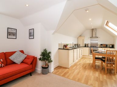 A red sofa with pillows next to a plant beside a kitchen with a dining table and chairs at Bayview Loft in Weymouth