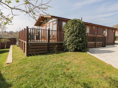 A wooden cabin with a deck and railing surrounded by grass and shrubs at Meadow Lodge in Newton Ferrers