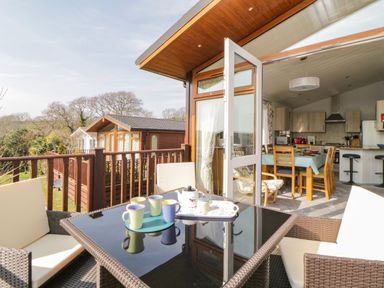 A patio with a black glass table and four chairs overlooking wooden cabins and a dining area inside with a table and chairs at Meadow Lodge in Newton Ferrers