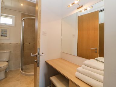 A bathroom with a toilet and shower and a wooden vanity with folded towels at Meadow Lodge in Newton Ferrers