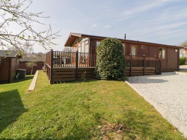 A wooden lodge with a raised deck and railing surrounded by grass and a gravel driveway at Meadow Lodge in Newton Ferrers