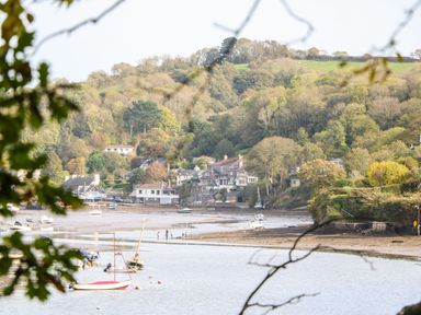 A river with boats near a village and trees on hills at Meadow Lodge in Newton Ferrers