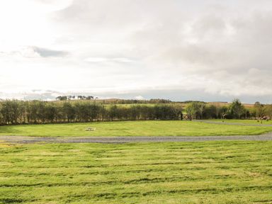 A large open grassy field with a gravel path and a wooden gate in the distance at Fontburn Farmhouse in Ewesley near Rothbury