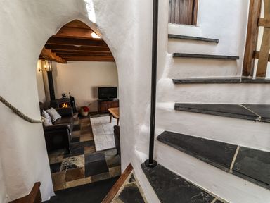 A spiral staircase leading down to a living room with a wood burning stove a sofa a coffee table and a TV at Y Felin at Coed Cadw in Felindre Farchog near Newport Pembrokeshire
