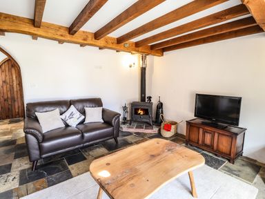 A living room with a leather sofa a wooden coffee table a wood stove and a television on a stand at Y Felin at Coed Cadw in Felindre Farchog near Newport Pembrokeshire
