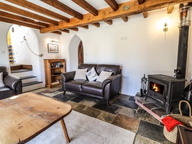 A living room with leather sofas a wooden coffee table a bookshelf and a wood burning stove at Y Felin at Coed Cadw in Felindre Farchog near Newport Pembrokeshire