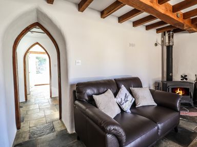 A living room with a brown leather sofa and cushions near a wood burning stove at Y Felin at Coed Cadw in Felindre Farchog near Newport Pembrokeshire