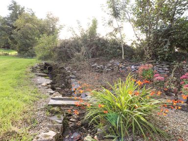 A garden area with a small stone-lined water channel and orange flowers at Y Felin at Coed Cadw in Felindre Farchog near Newport Pembrokeshire