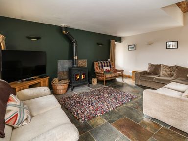 A living room with sofas a television a wood burning stove and a rug on a tiled floor at Maes Y Berllan Barn in Gilwern