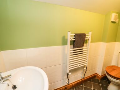 A bathroom with a sink towel radiator and toilet at Maes Y Berllan Barn in Gilwern