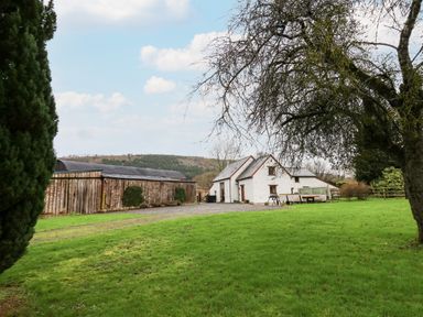 A white house with a gray roof and a large wooden barn beside it surrounded by green grass and trees at Maes Y Berllan Barn in Gilwern