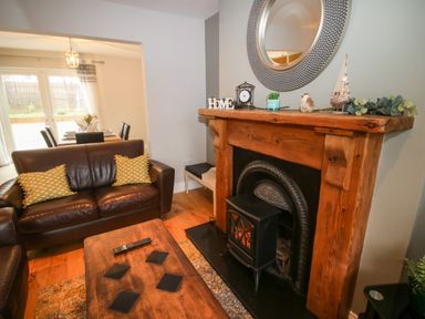 A living room with a brown leather sofa a wooden coffee table and a fireplace with decorations at Pebble Lodge in Kenmare County Kerry